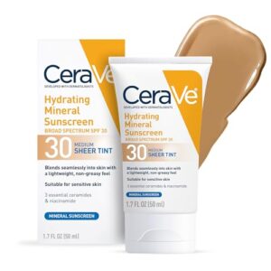 CeraVe Hydrating Mineral Sunscreen SPF 30 with Sheer Tint, Tinted Mineral Sunscreen with Zinc Oxide & Titanium Dioxide, Blends Seamlessly For Healthy Glow, Medium, 1.7 Fluid Ounce : Beauty & Personal Care