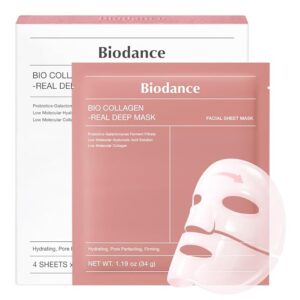 BIODANCE Bio-Collagen Real Deep Mask, Hydrating Overnight Hydrogel Face Mask, Pore Minimizing, Elasticity, Plumping, Travel Essentials & Self Care Gifts for Women, Korean Skin Care | 1.19oz(34g) x 4ea